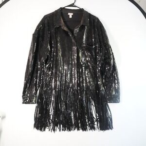 VTG River‎ Island Sequin Fringe Festival Party Shirt Fringe Top Black Womens LG